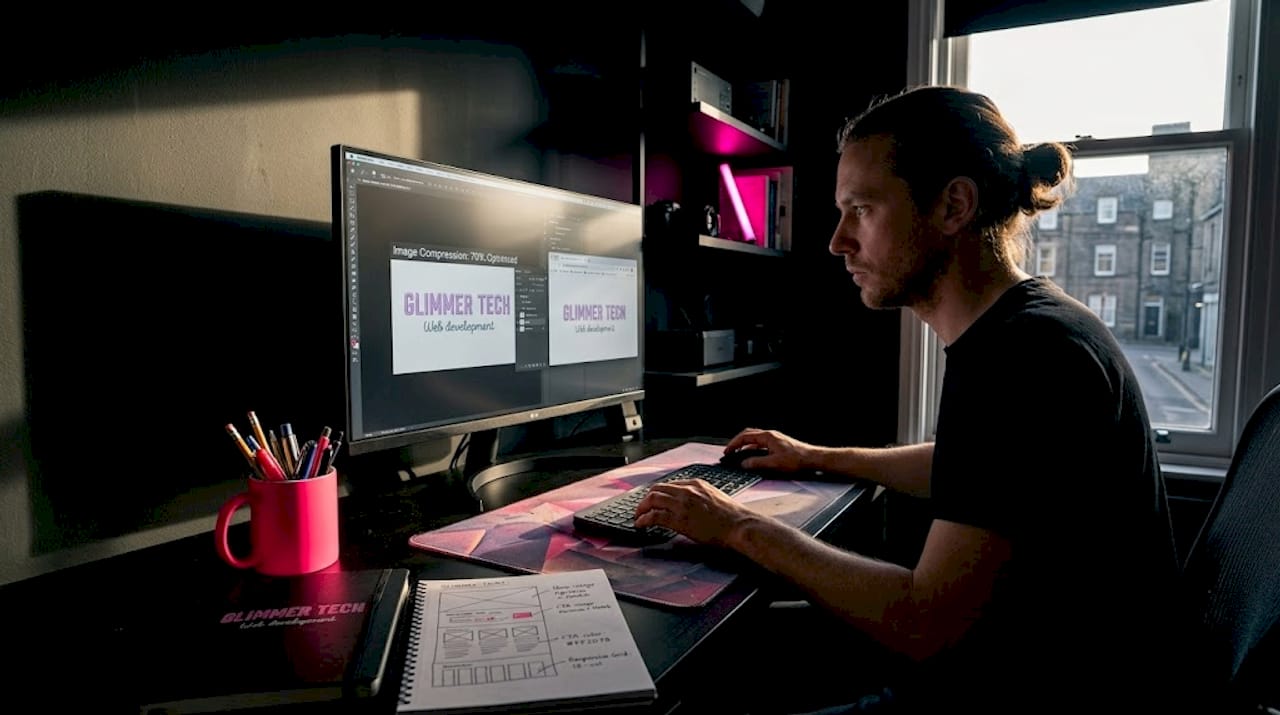 Web designer compressing images at home desk