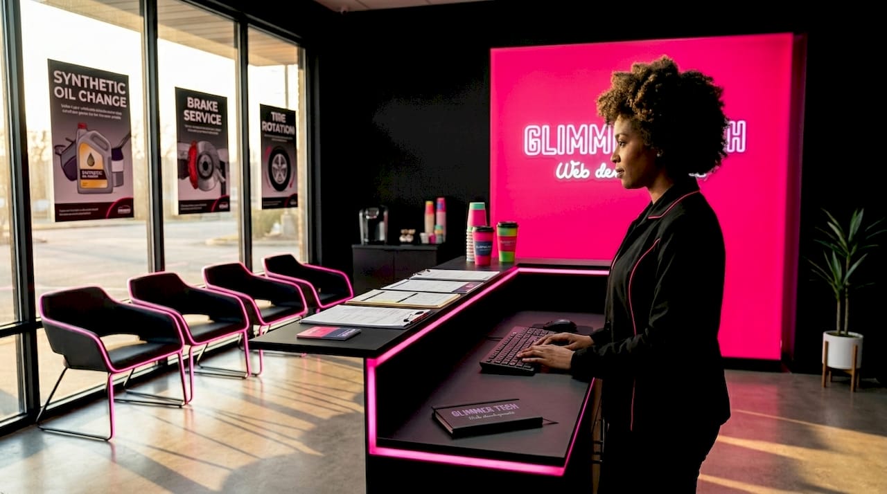 Receptionist at busy auto shop front desk