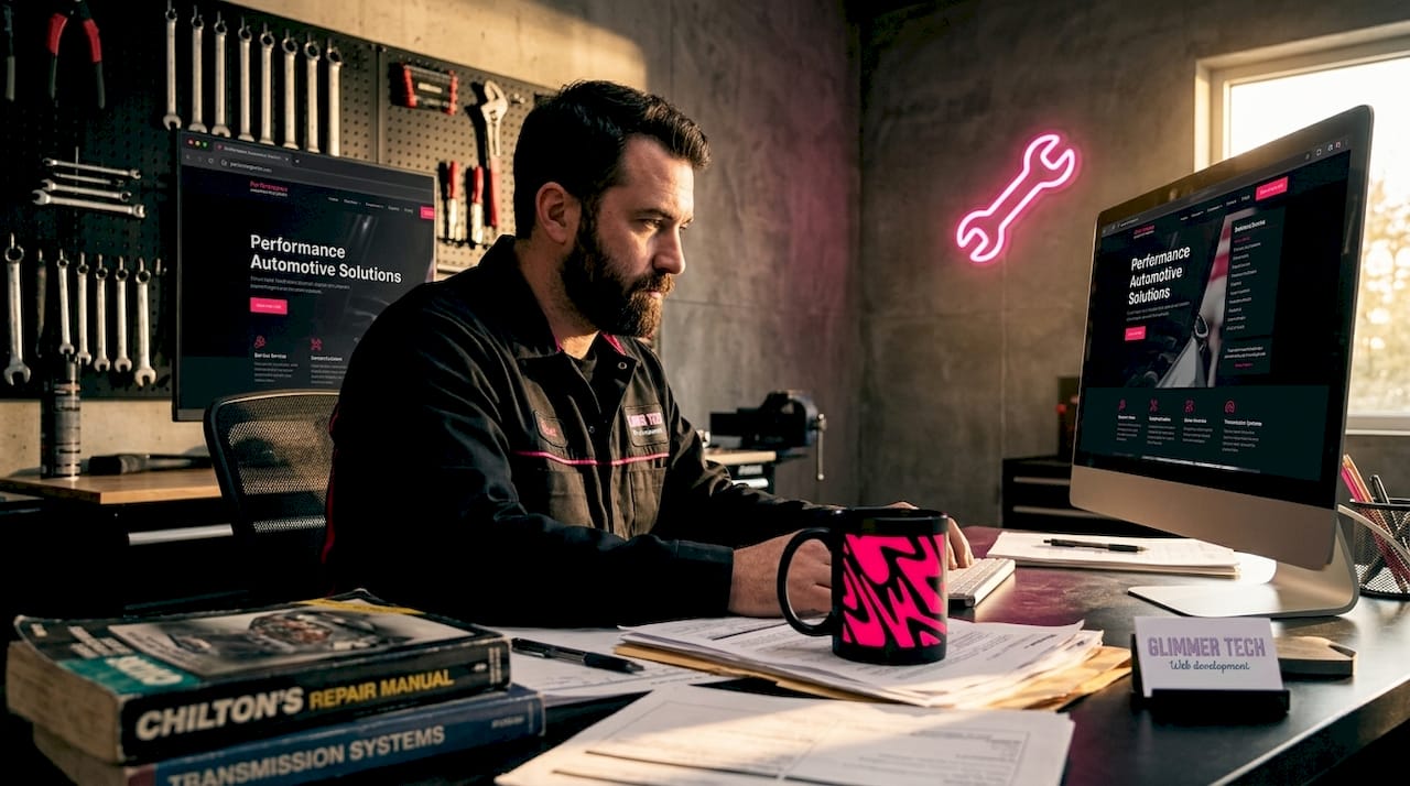 Mechanic reviews auto shop homepage on computer