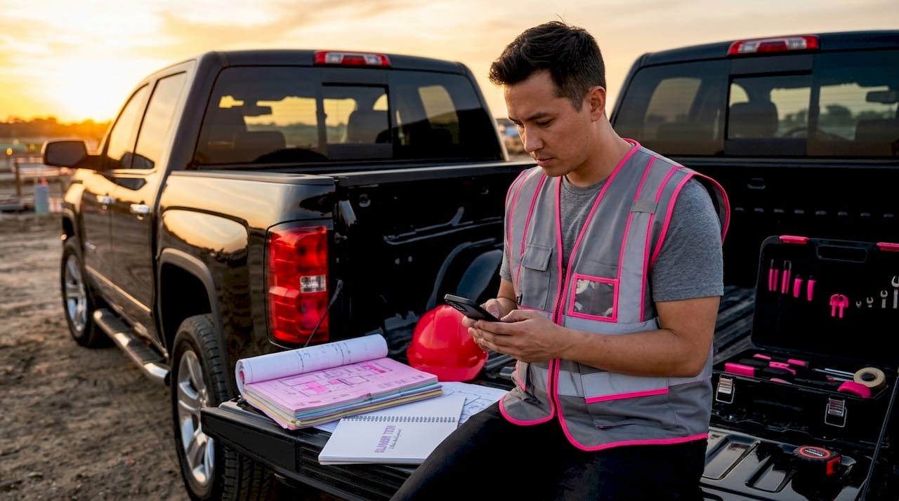 Contractor reviews construction site website on phone