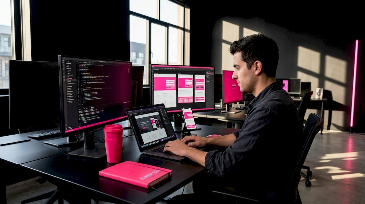 Developer coding adaptive web layouts
