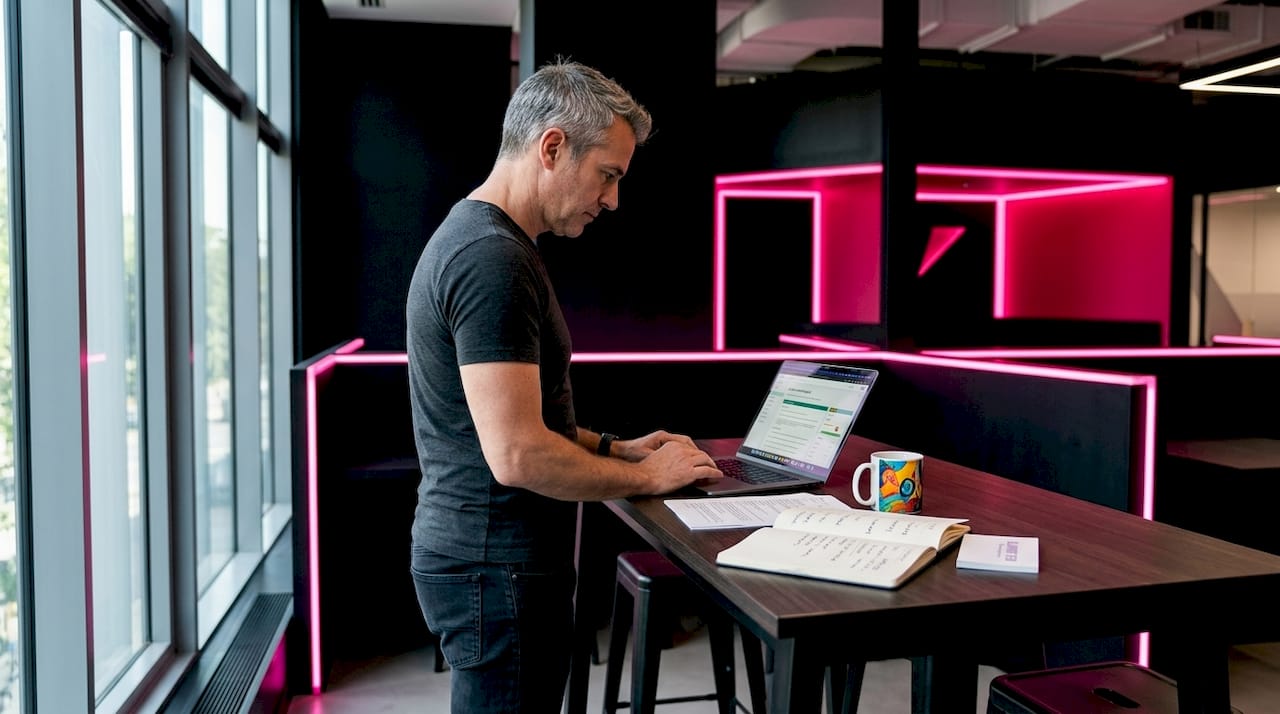 SEO specialist reviewing report in home office