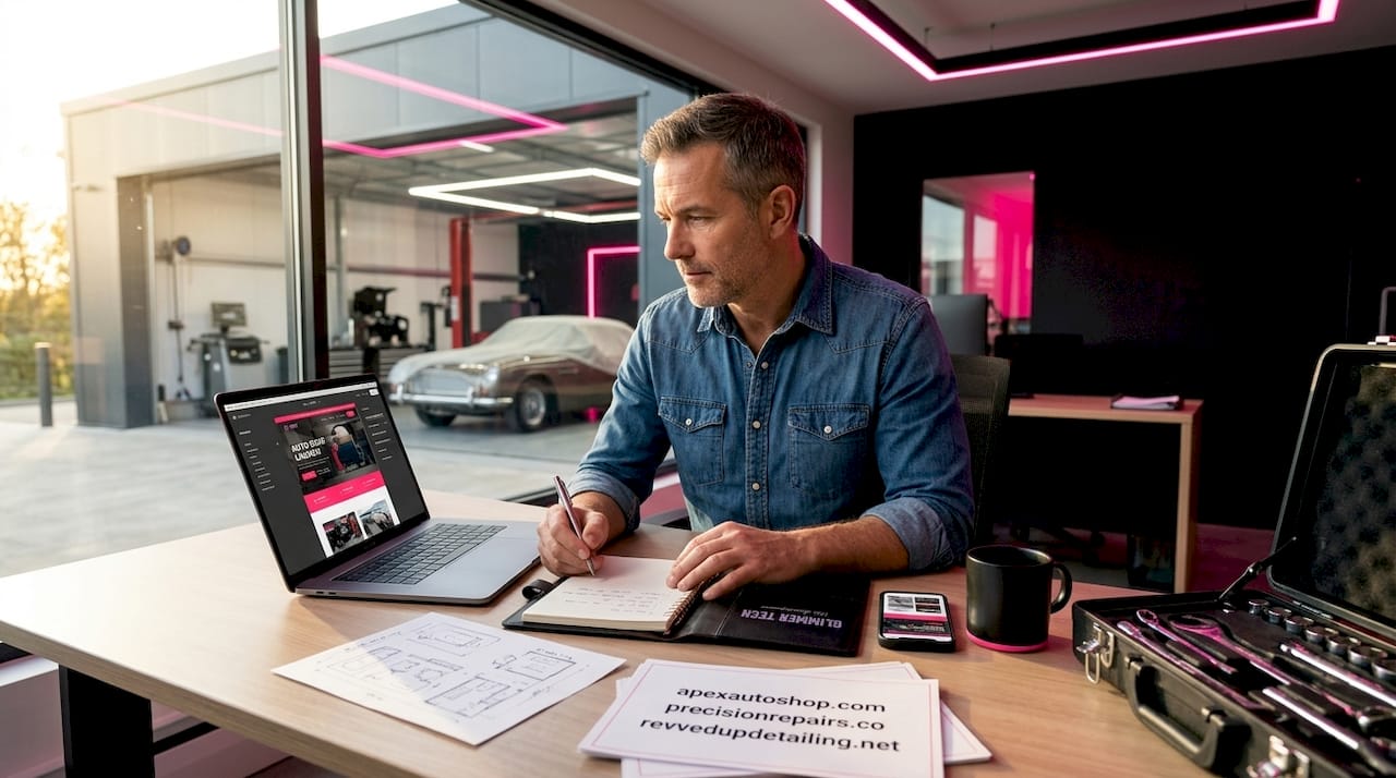 Auto shop owner planning website at desk