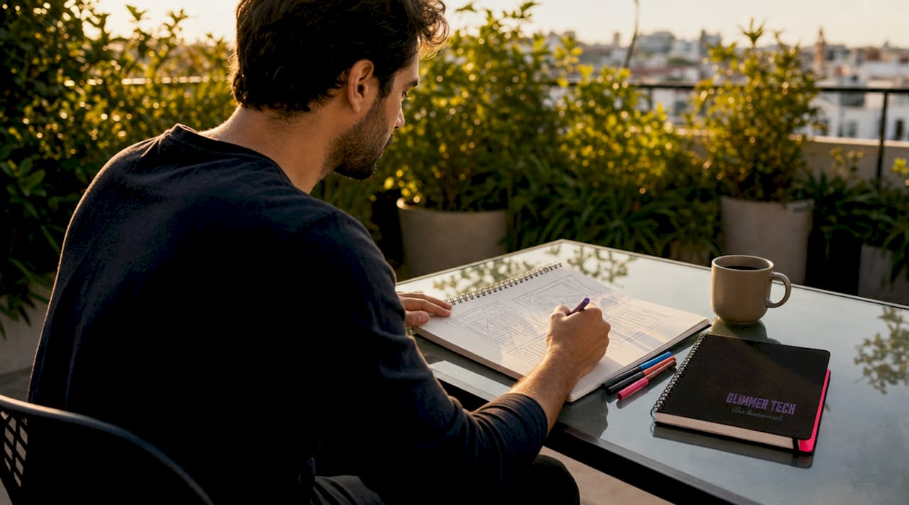 Designer sketching wireframe on whiteboard in coworking space