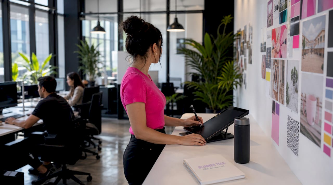 Web designer reviewing wireframes at desk