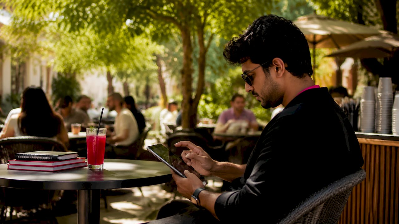 Man using tablet to explore EV website features