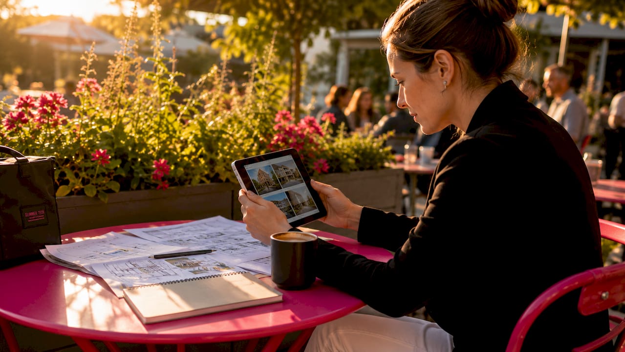 Woman reviewing construction projects on tablet outdoors