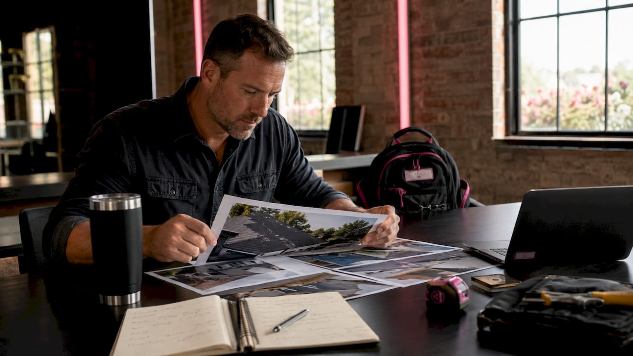 Contractor reviewing real job photos on desk