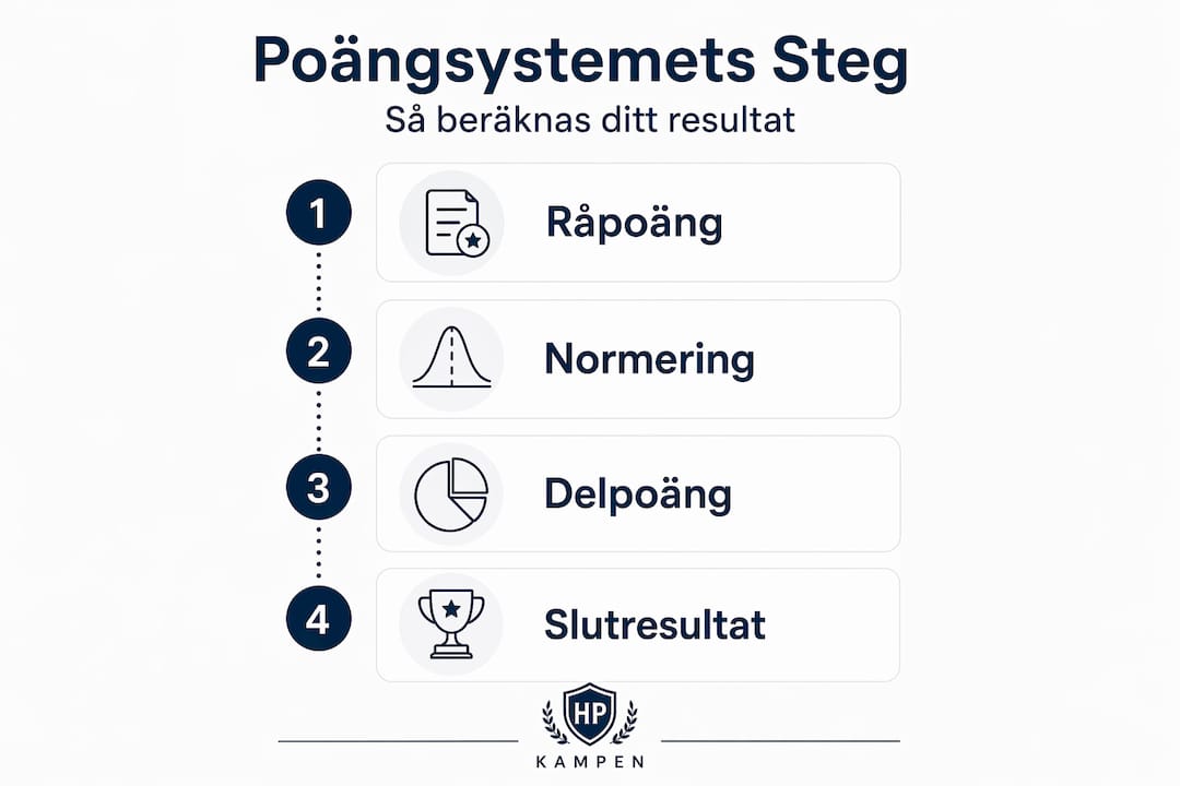 Illustration som visar hur poängberäkningen går till på högskoleprovet – steg för steg.