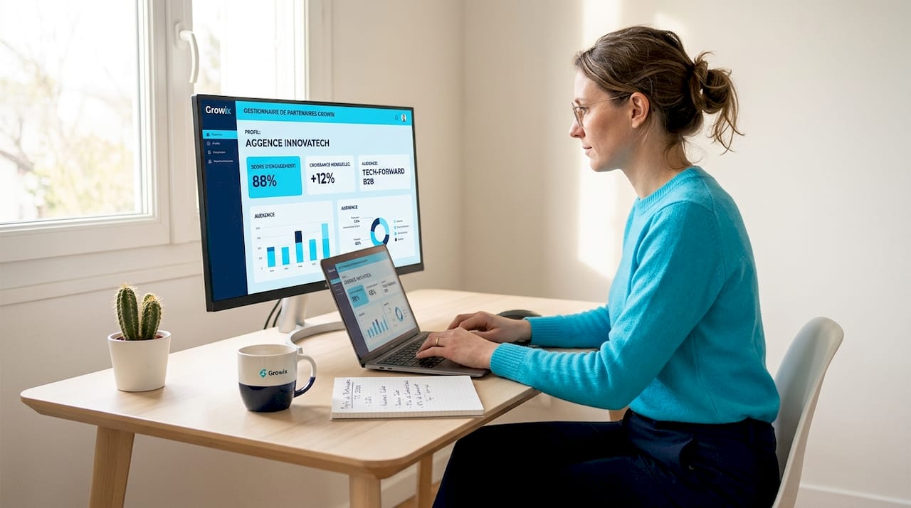Responsable marketing en pleine analyse des profils de partenaires à son bureau.