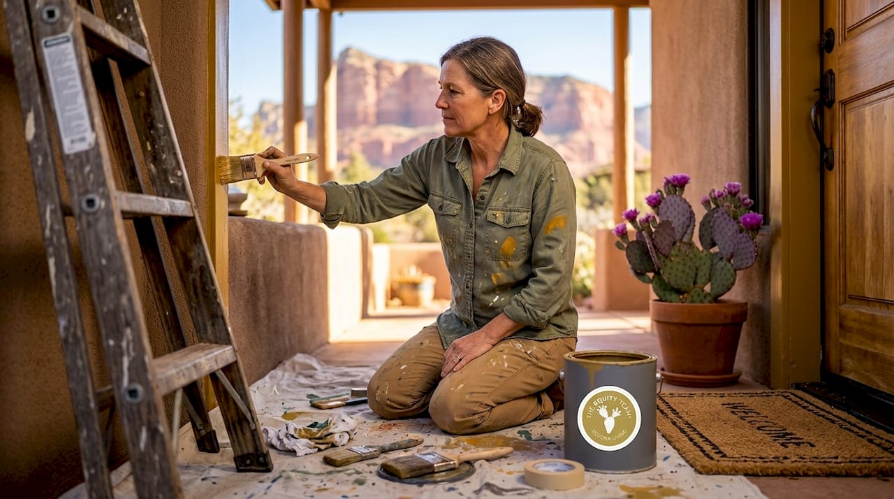 Woman painting front door Sedona home