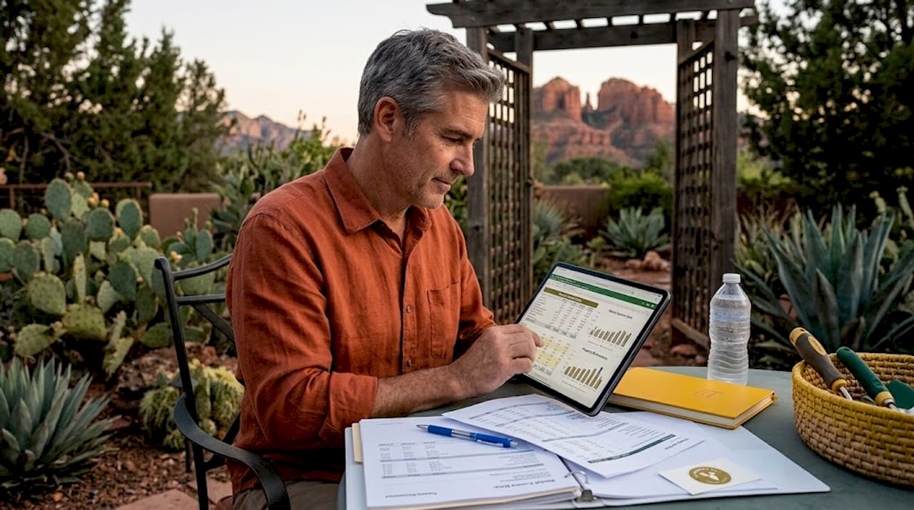 Investor reviewing Sedona rental income data on balcony
