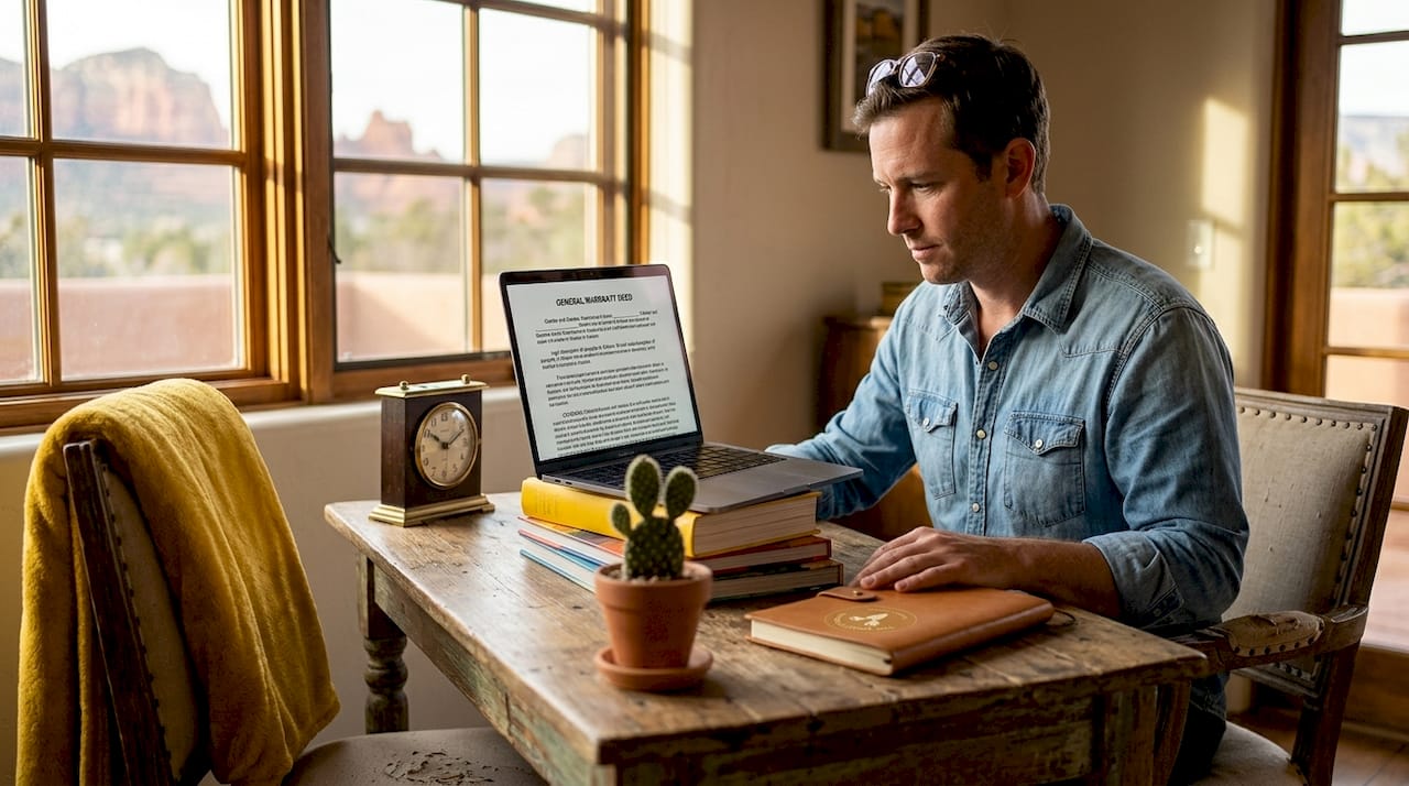 Buyer reading General Warranty Deed at desk
