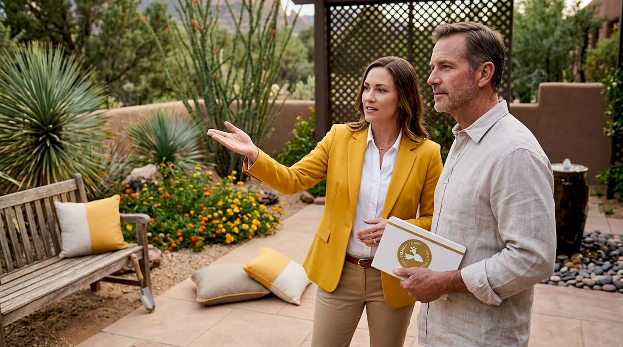 Agent showing patio with native plant landscaping