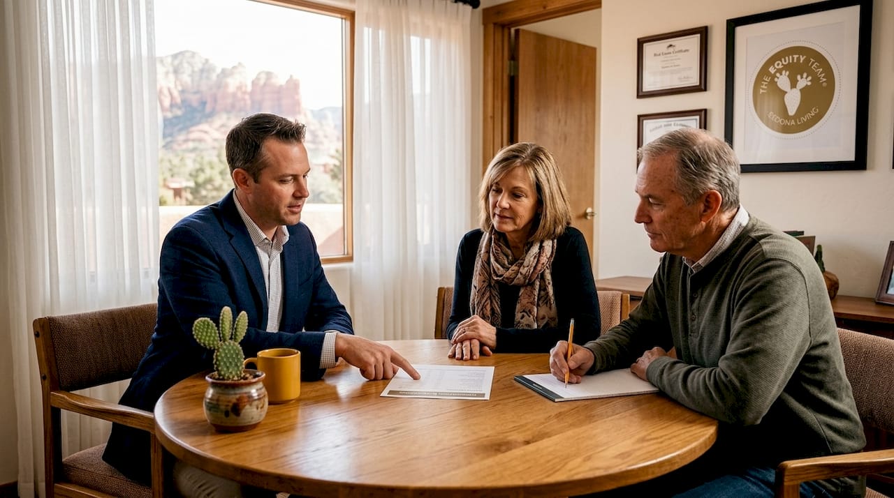 Client couple discusses commission with real estate agent