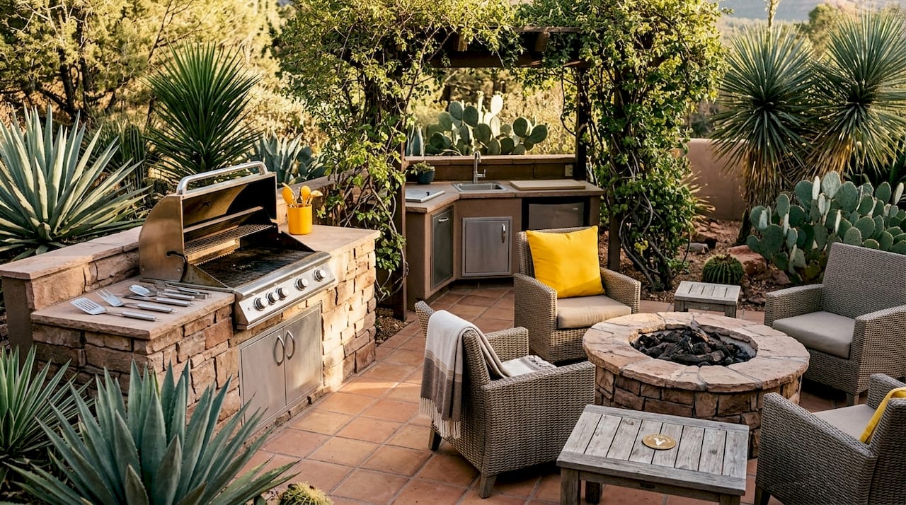 Outdoor BBQ grill and firepit area in Sedona rental