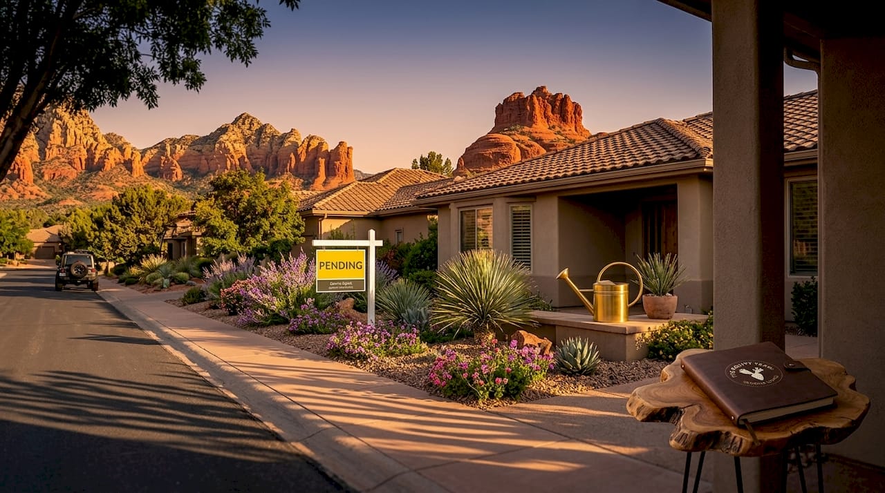 Sedona home with pending sale sign front yard