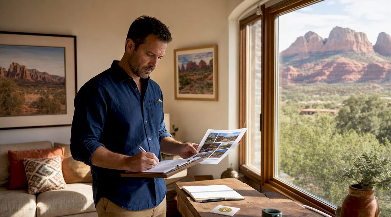 Investor reviewing Sedona property listings in office with red rock view