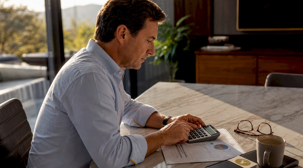 Hands calculating luxury home pricing