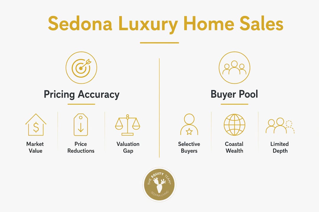 Infographic comparing pricing accuracy and buyer pool factors in Sedona luxury home sales
