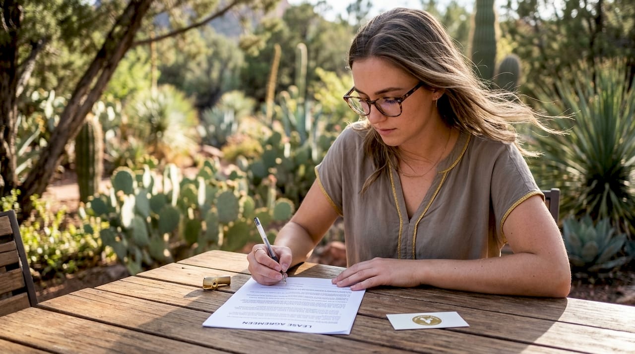 Young woman studying lease agreement at kitchen table