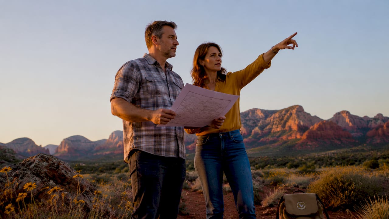 Couple inspecting undeveloped land near Sedona forest edge