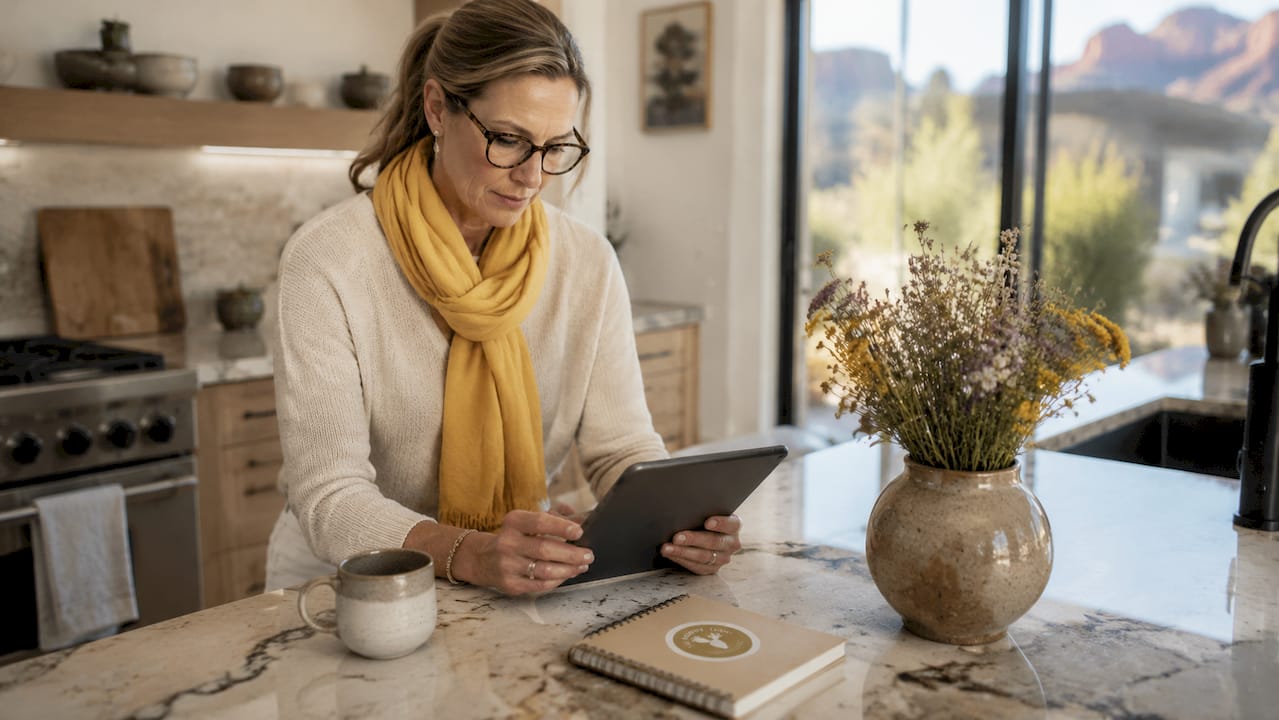 Investor reviewing Sedona home features on tablet inside