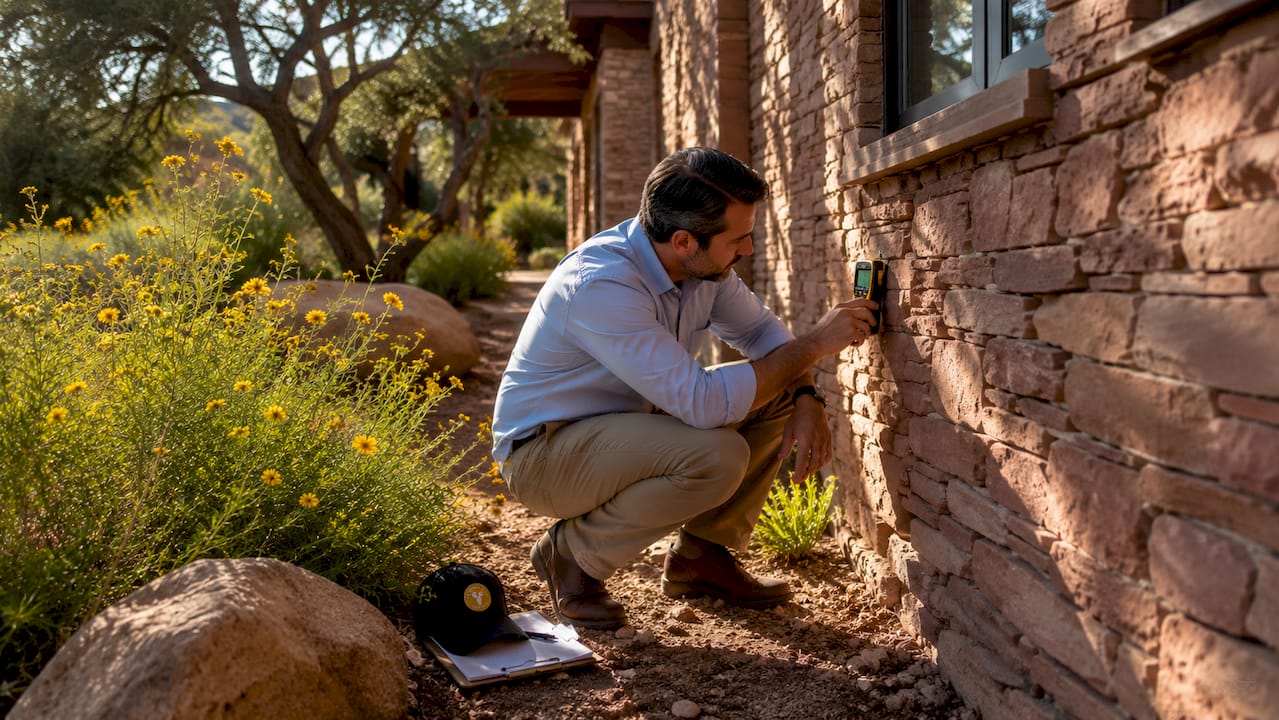 Inspector checking luxury Sedona home's exterior condition