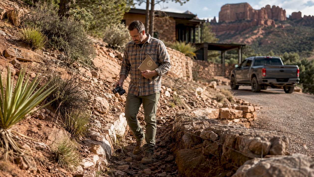 Inspector assessing Sedona rocky slope drainage