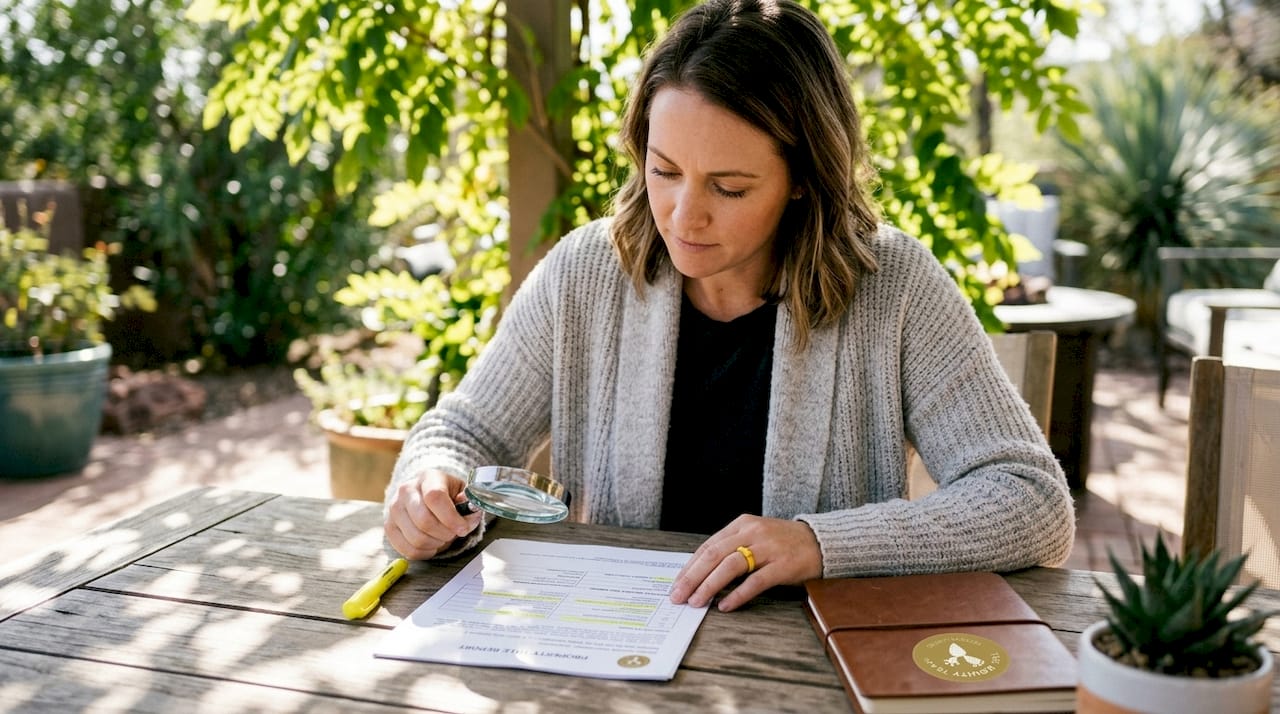 Hands inspecting property title liens with magnifier