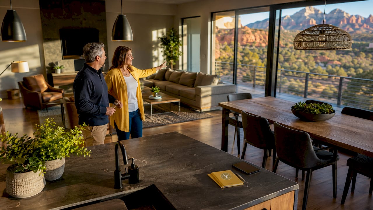 Couple touring open floor plan Sedona home