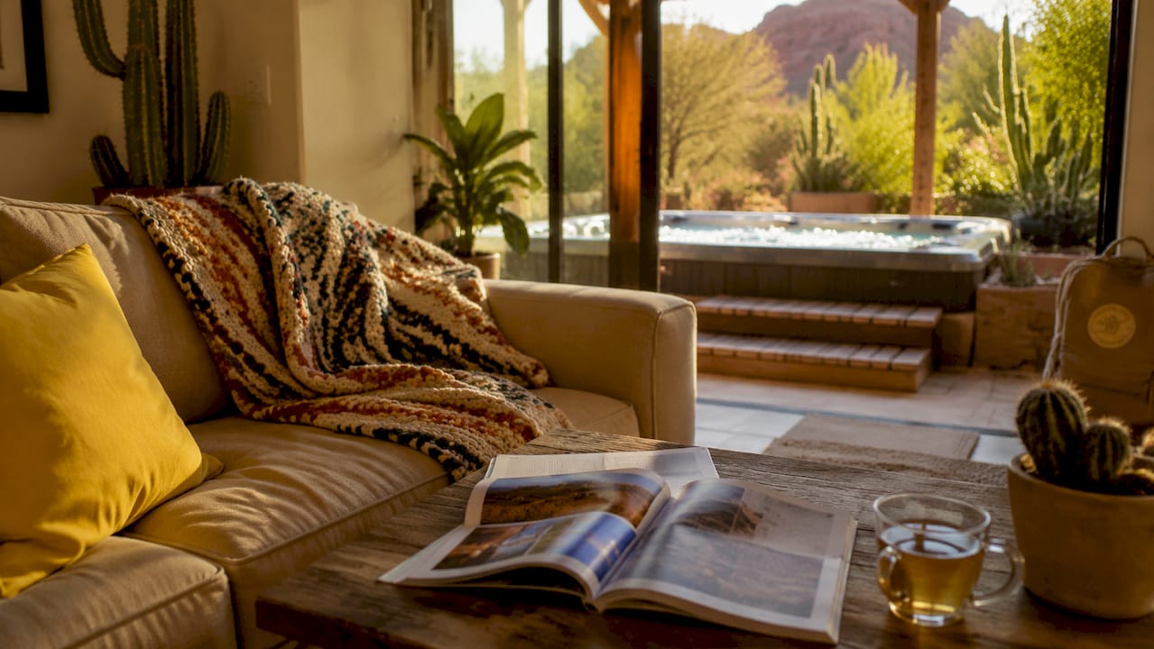 Evening hot tub scene from rental interior overhead