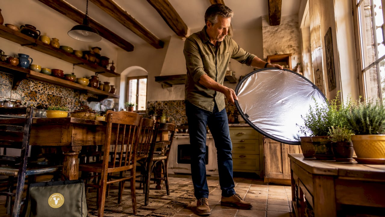 Photographer using reflector for interior lighting adjustment