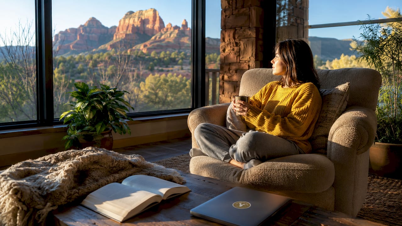 Living room with Cathedral Rock view from window