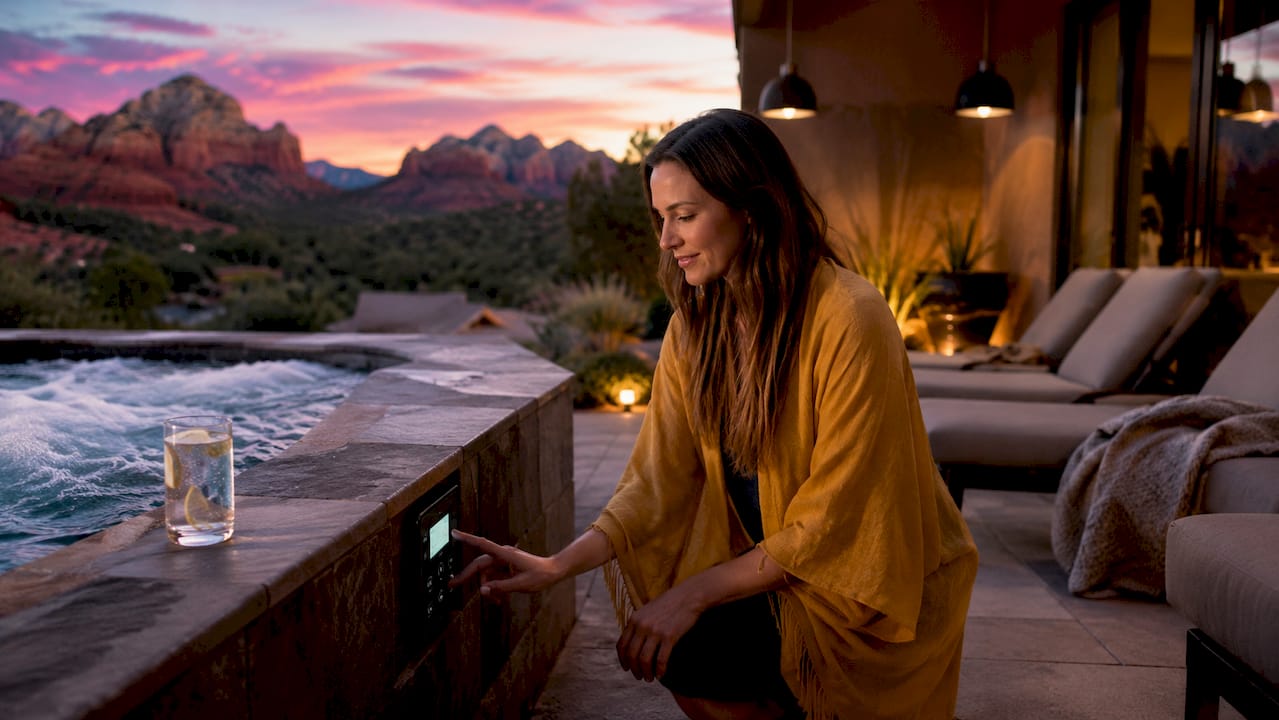 Hands adjusting heated pool controls at luxury Airbnb