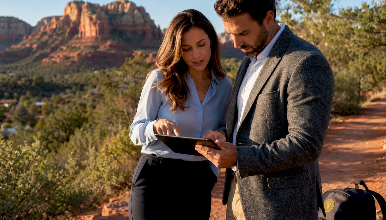 Agents discussing Sedona rental market outdoors