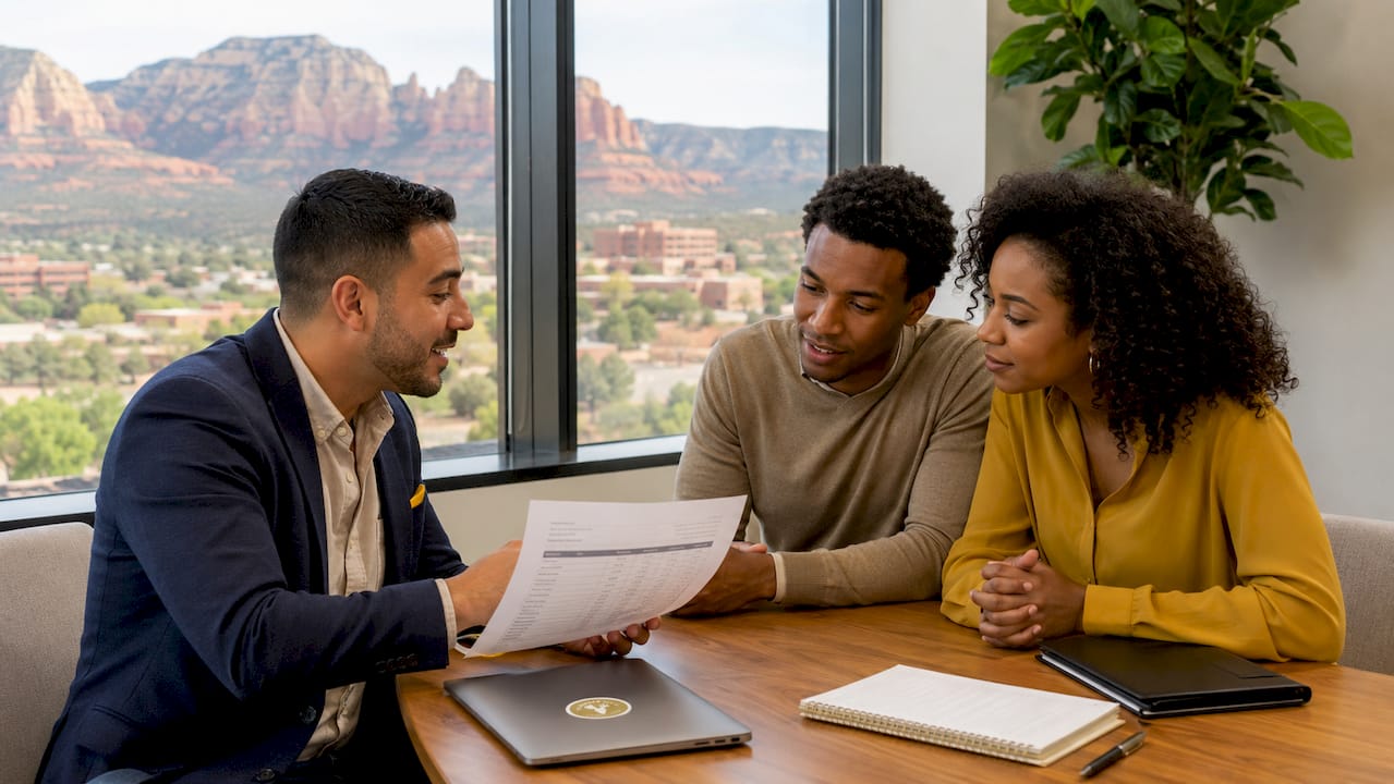 Couple consulting real estate agent on net proceeds
