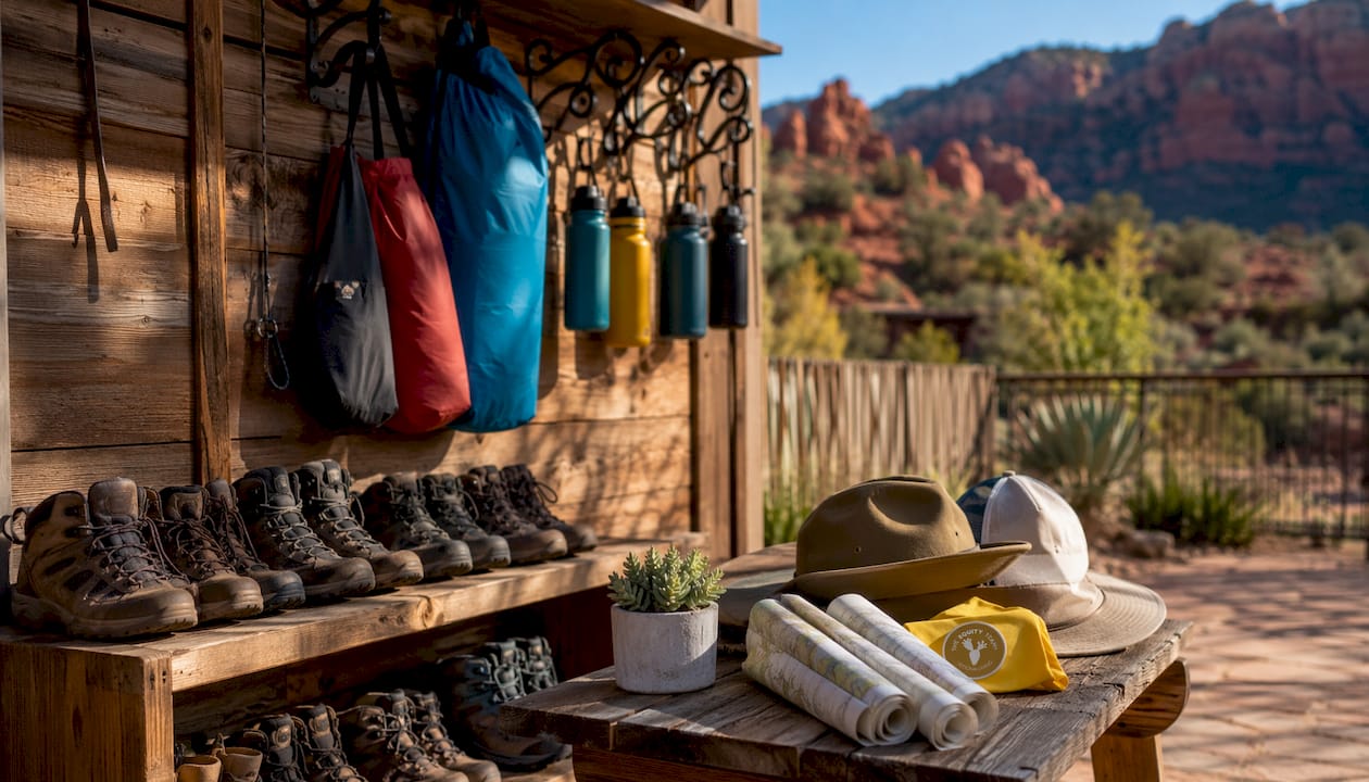 Organized hiking gear storage in mudroom