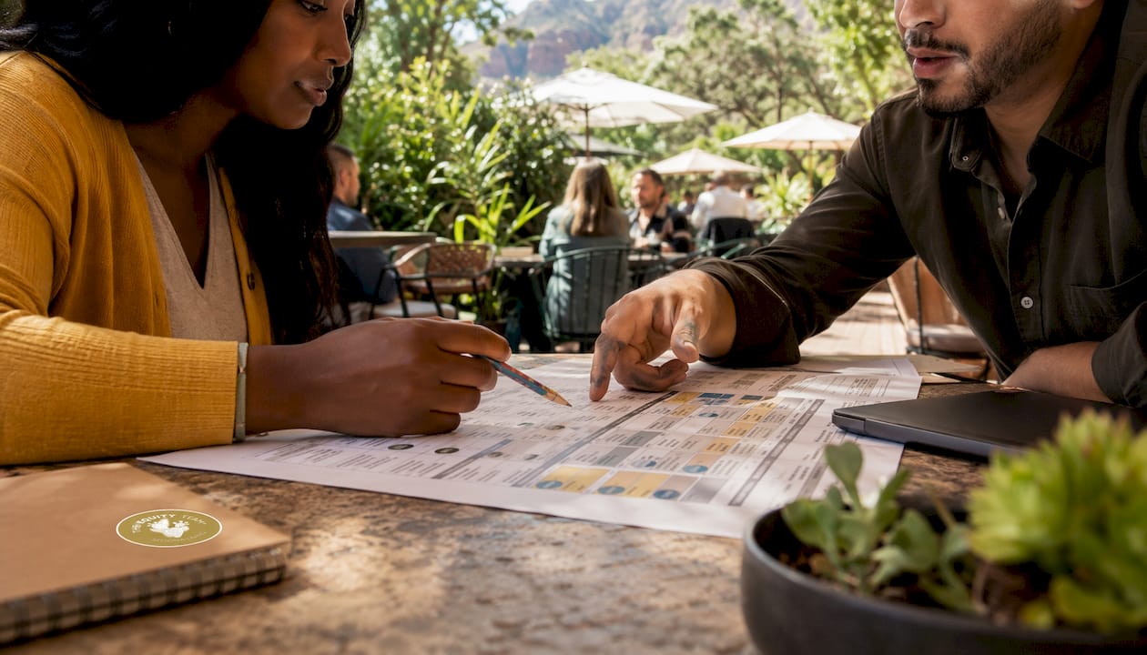 Hands pointing at travel platform comparison chart in cafe