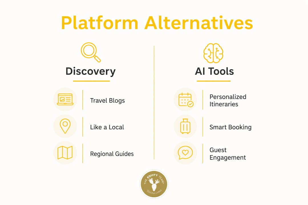 Infographic comparing discovery platforms and AI tools for Sedona STR marketing