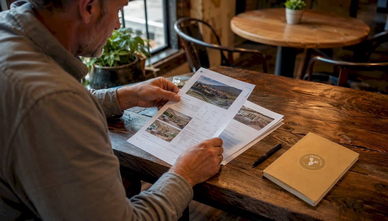 Hands arranging property overview sheets on table