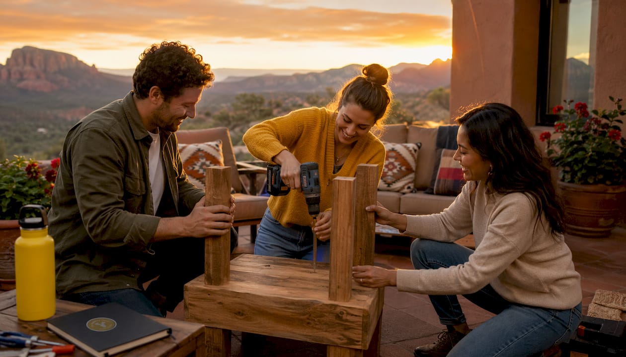 Hands assembling wooden furniture in Sedona Airbnb