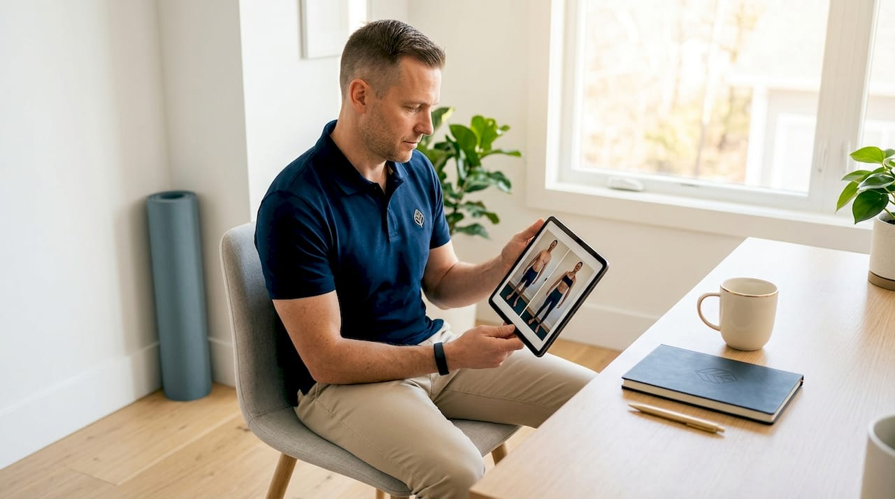 Man reflecting while viewing progress images