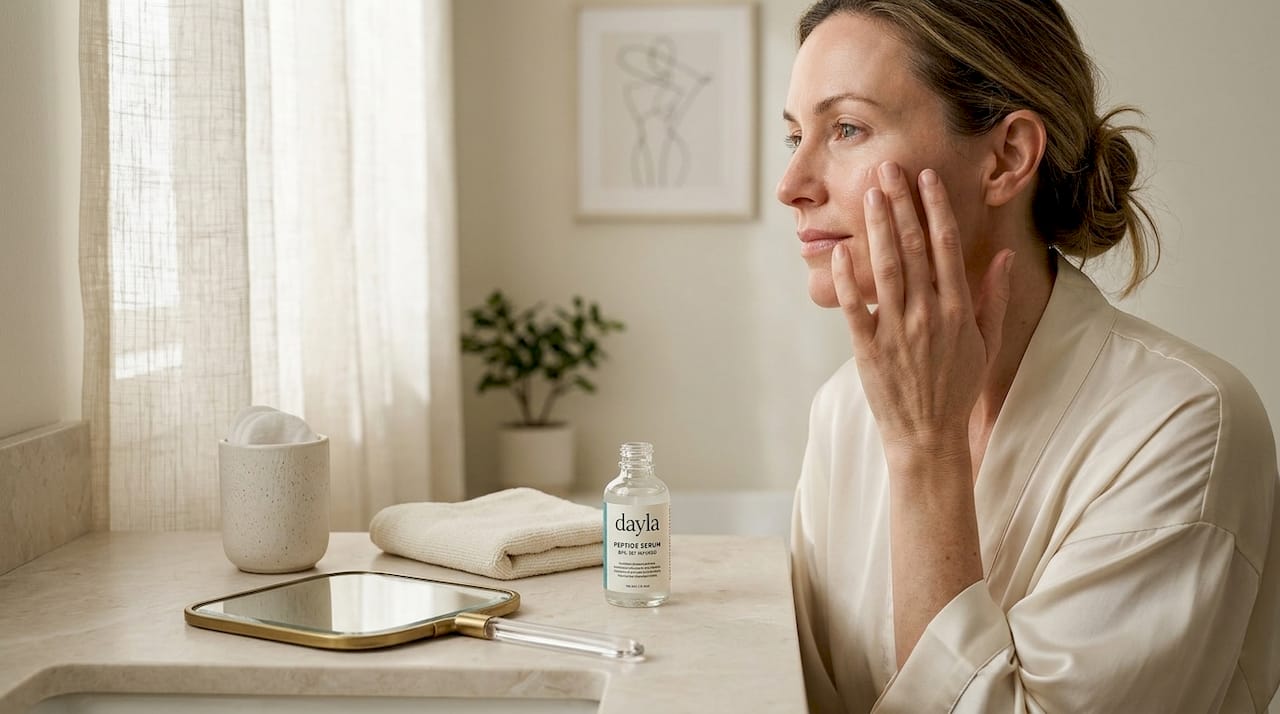 Woman applying topical peptide serum at vanity