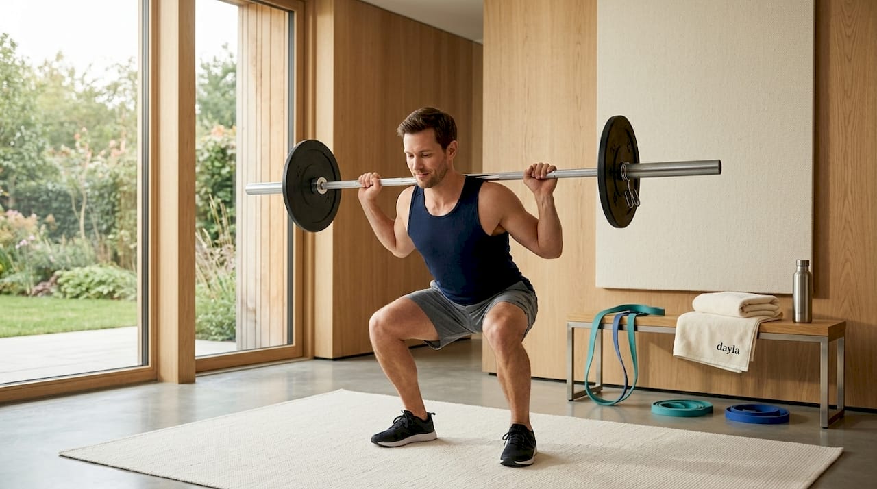 Man performing barbell squat in gym