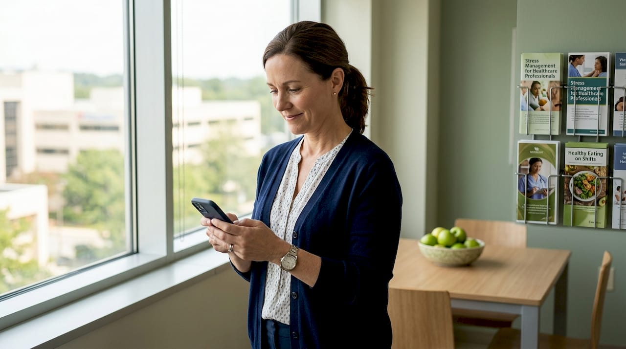 Nurse using recruitment app on smartphone near window