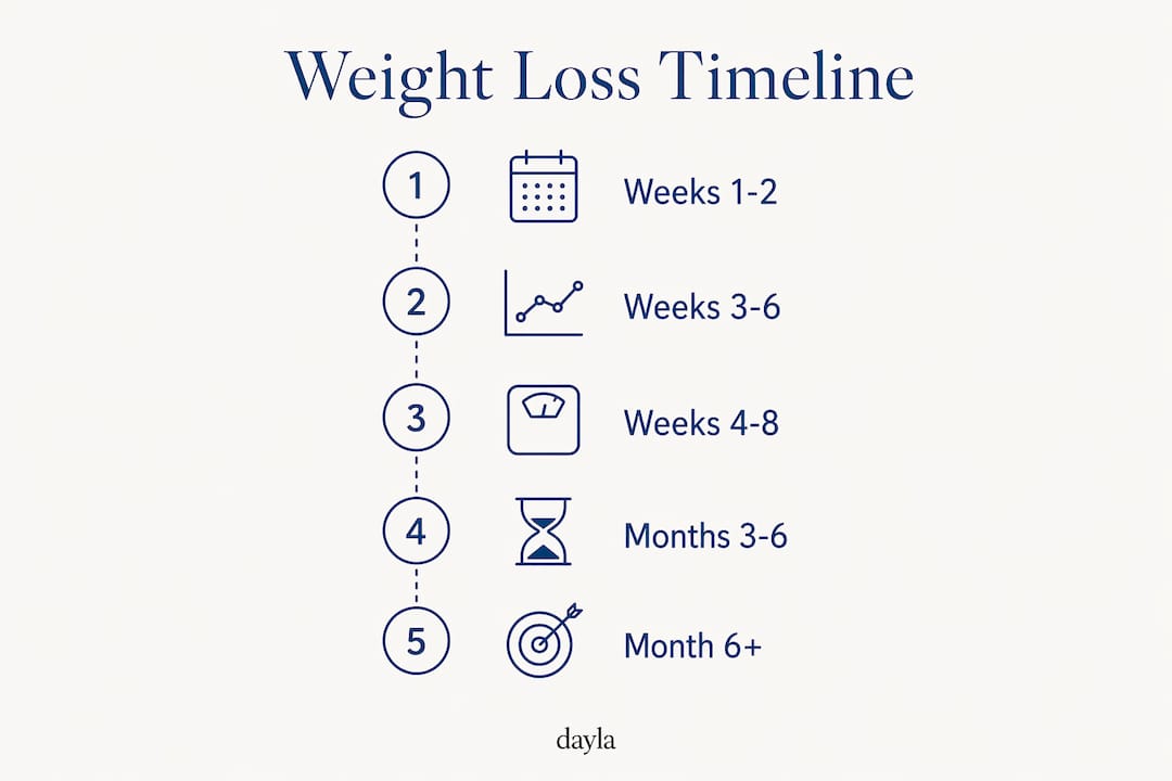 Infographic illustrating weekly to monthly weight loss timeline stages