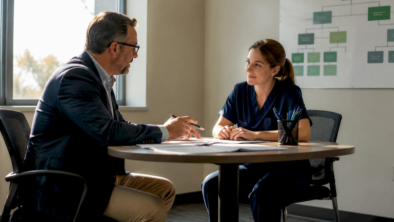 Hospital HR discussing hiring with nurse candidate