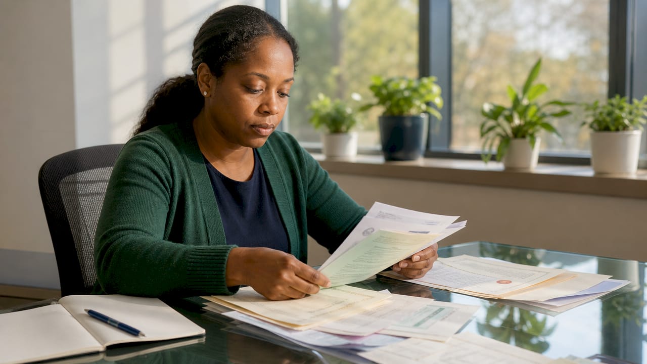 Hands reviewing nurse credential documents