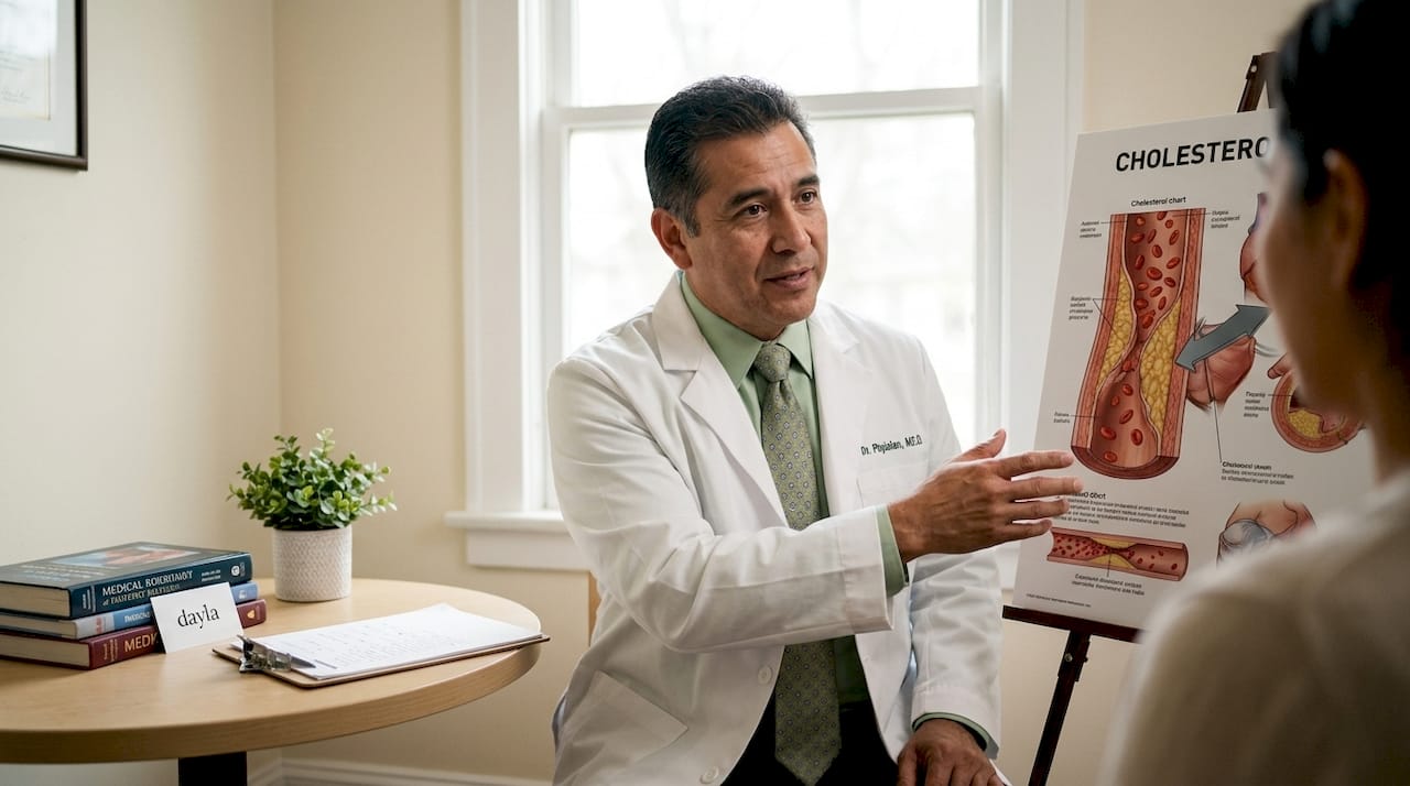 Doctor explaining cholesterol health chart